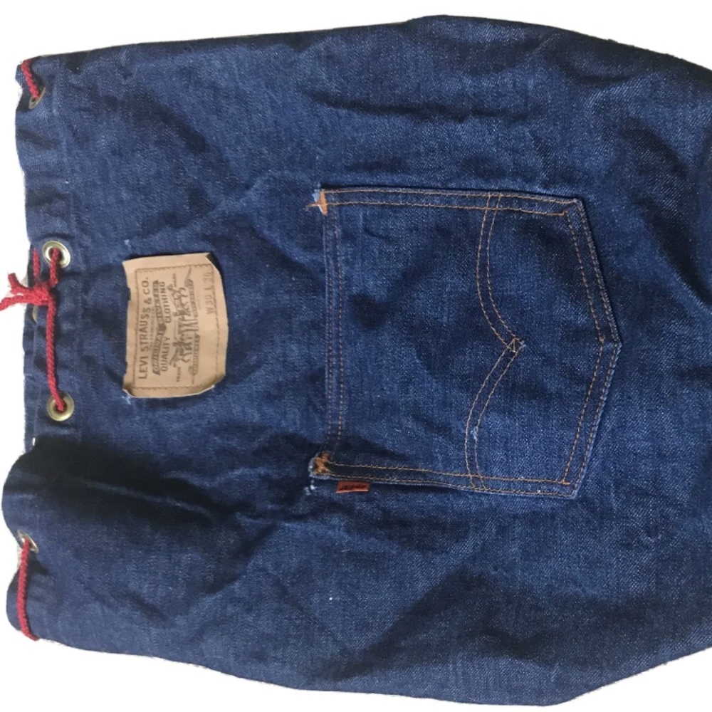 Levi’s Orange Tab Denim Jean Red Drawstring Bag Dark Blue Vintage Rare 1980s